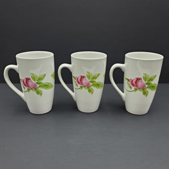 Pfaltzgraff Emma Tall Latte Mugs White Coffee Mugs Purple Pink Floral Flowers - Picture 2 of 10